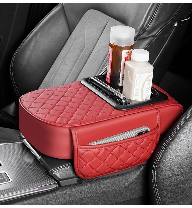 Car Armrest Box Heightening Pad, Armrest Cushion, Central Armrest Pillow, Water Cup Holder, Integrated Storage, Car-Mounted Leather Material