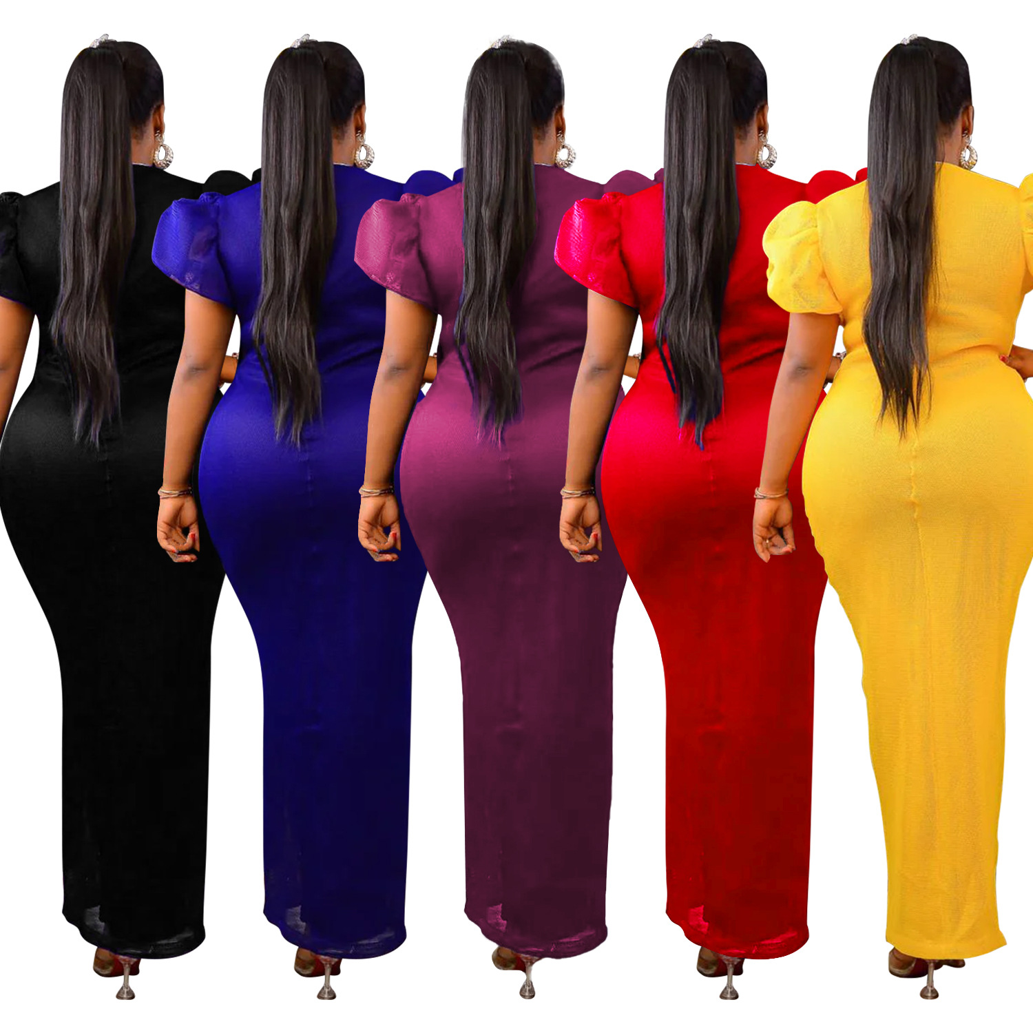 C6500 AliExpress Amazon moda europea y americana caliente rhinestone puff manga elástico con cuello en V vestido de las mujeres image 6