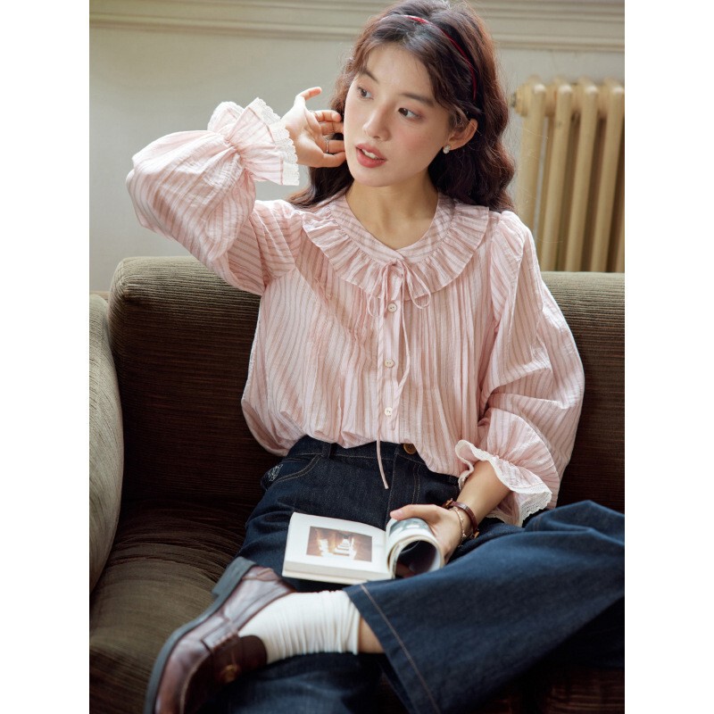 Nov elist 1 French Pink Striped Ruffle Collar Lace-Up Top Spring Long Sleeve Shirt for Women Nov elist 1 French Pink Striped Ruffle Collar Lace-Up Top Spring Long Sleeve Shirt for Women