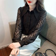 领黑色雪纺衬衫女秋装年新款设计感小众复古法式长袖上衣