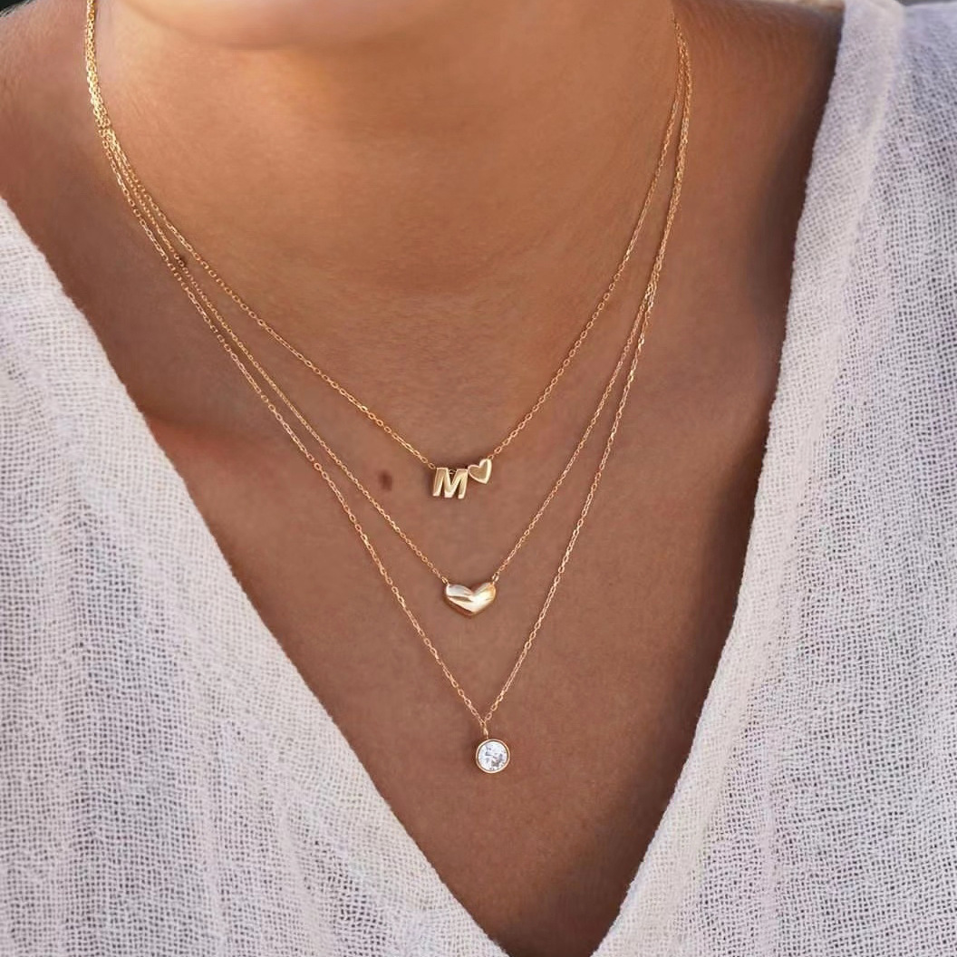 Instagram Creative Letter Love Necklace Personalized Temperament Alloy Multi layered Layered Heart shaped Water Drop_voghion.com