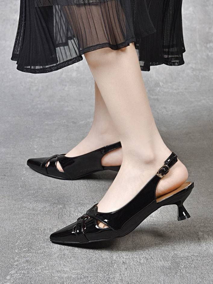Sandal nữ bít mũi da sáng chế mũi nhọn gót nhọn hở gót — Xanh lục Xám