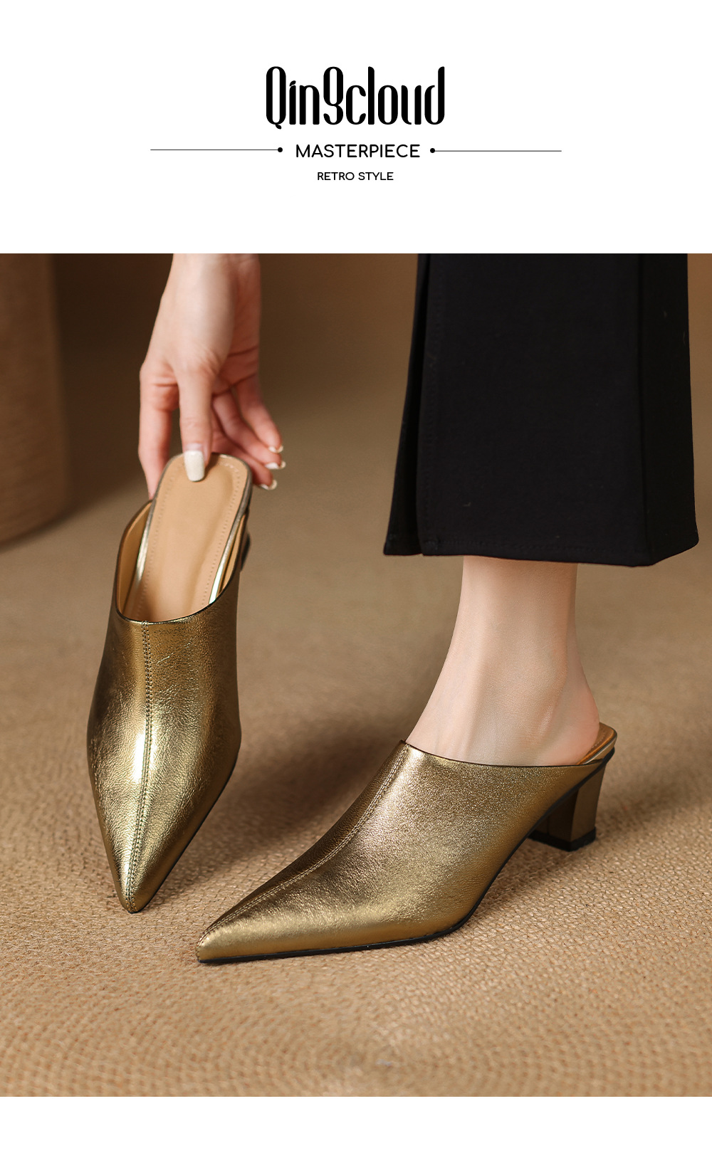 Dép mule nữ da cừu mũi nhọn cao gót 5 cm – sandal hè dáng suông — đen, vàng chi tiết 1