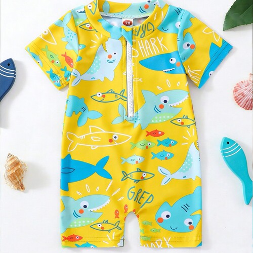 One-piece children's one-piece swimsuit, baby short-sleeved children's seaside beach clothes, baby quick-drying clothes, baby clothes, baby clothes.
