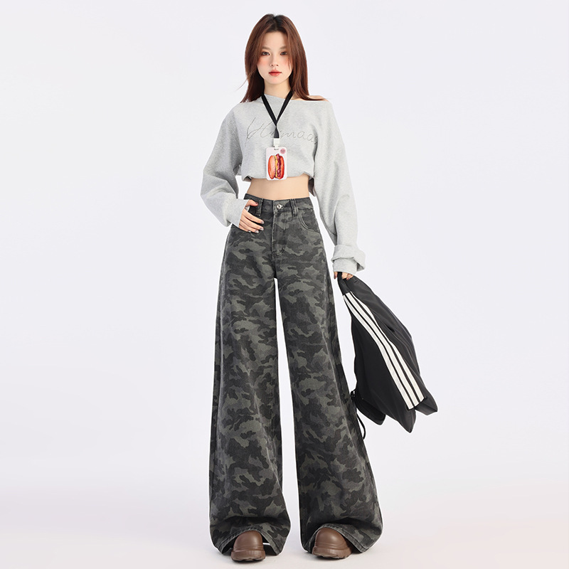 American Grey Camouflage Wide Leg Jeans Women's 2025 Spring New High Waist Loose Slimming Straight Pants Chenille