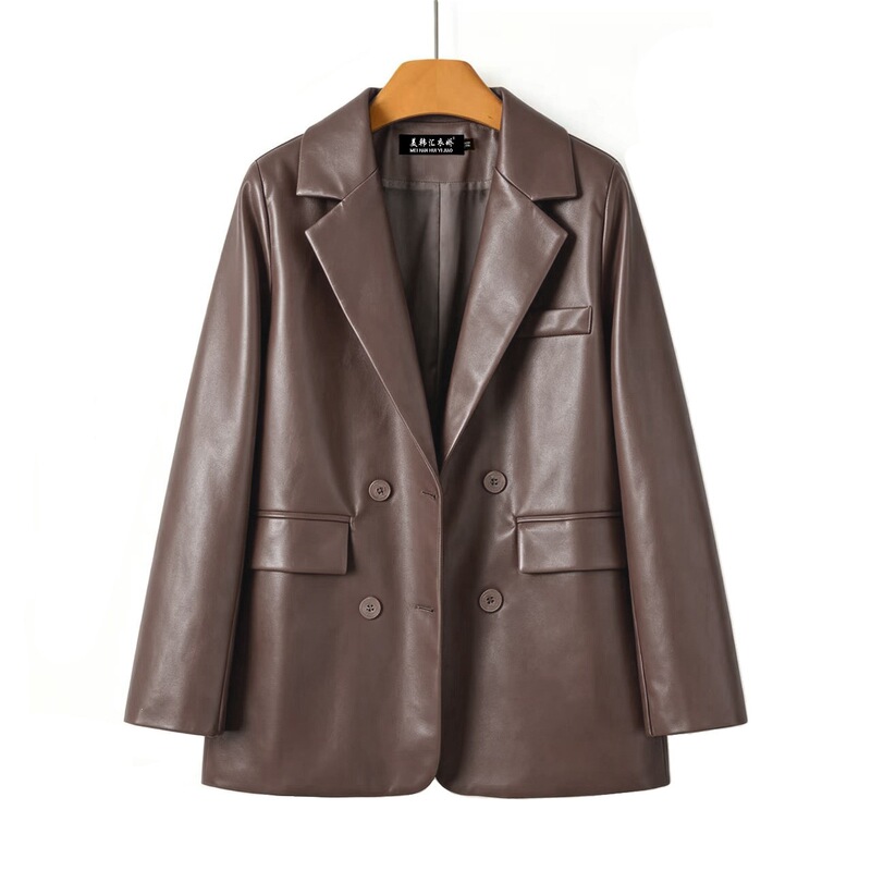 Vintage Brown Pu Leather Blazer for Women 2026 Spring and Autumn New Style Loose Fit Slimming Versatile Biker Leather Jacket for Women Vintage Brown Pu Leather Blazer for Women 2026 Spring and Autumn New Style Loose Fit Slimming Versatile Biker Leather Jacket for Women