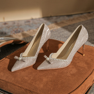 86113 High Heels Women's Stiletto 2025 New Pearl Crystal Wedding Shoes Pointed Toe Shallow Mouth Sequin Shoes
