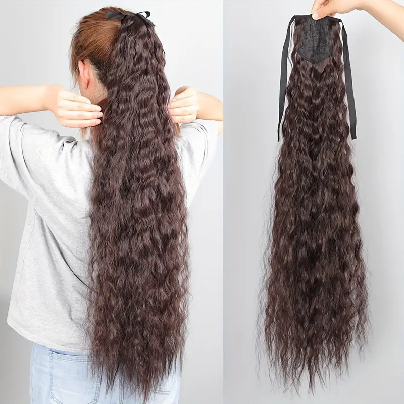 European and American Cross-Border Synthetic Hair Ponytail with Tie-On Style, Ultra-Long Curly Hair for Female Influencers, Corn Wave Fake Ponytail, Fluffy Fake Hair Braid