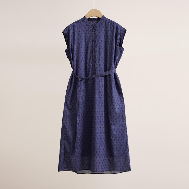 25 Xiaoheyuan documentary fabric 100% green plain cotton holiday style printing medium and long lace-up dress women