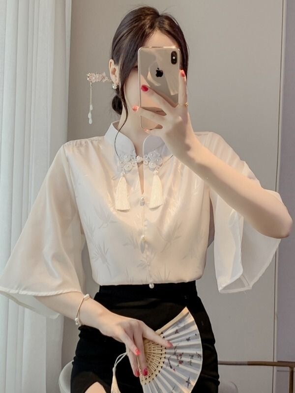 New Chinese-Style National Style Acetate Jacquard Short-Sleeve Shirt for Women, Summer Zen-Inspired Tassel Mamian Skirt, Buttoned Blouse, Chiffon Top New Chinese-Style National Style Acetate Jacquard Short-Sleeve Shirt for Women, Summer Zen-Inspired Tassel Mamian Skirt, Buttoned Blouse, Chiffon Top