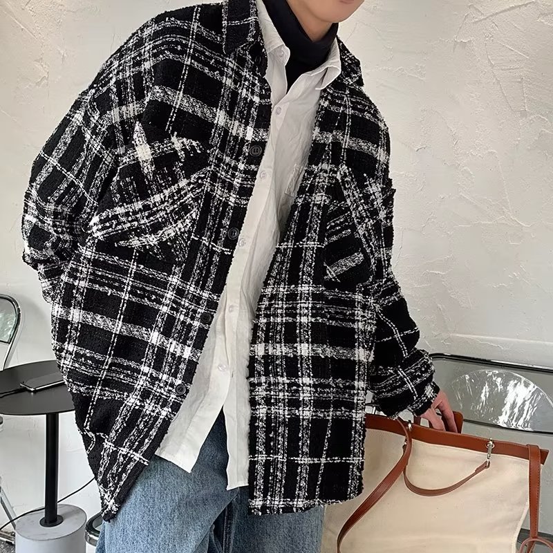 黑白格子小香风外套男春秋季痞帅高级感情侣粗呢千鸟格衬衫式夹克
