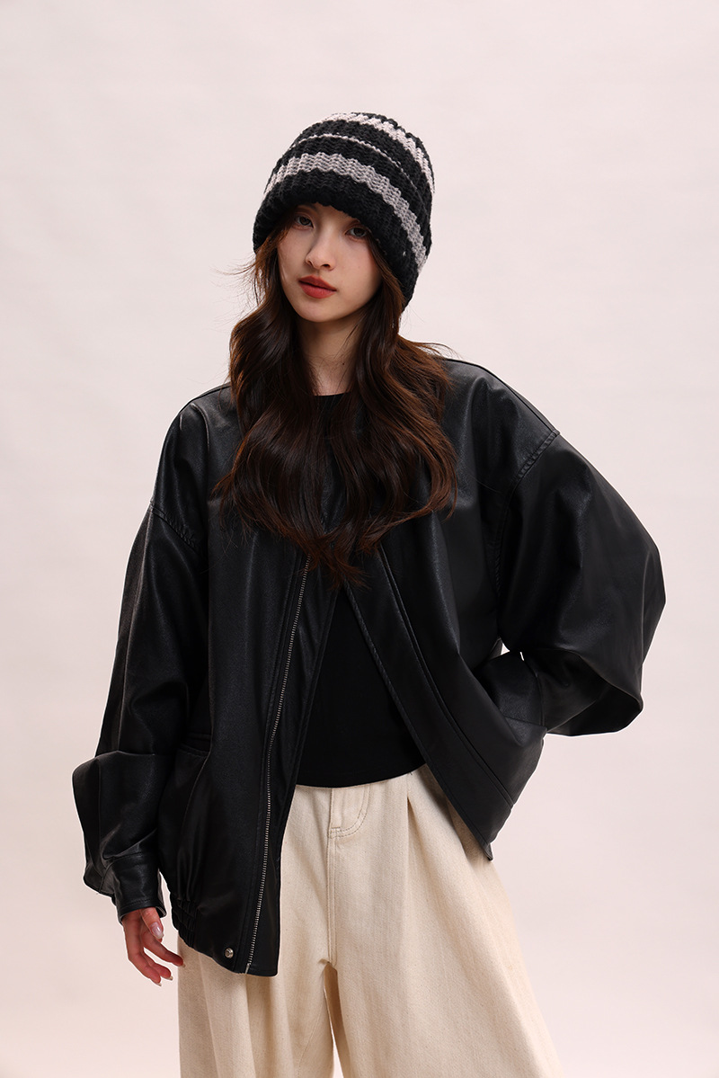 Cappello a sacco con viso a righe grande circonferenza della testa cappello di lana per le donne in autunno e inverno, viso piccolo, caldo lavorato a maglia freddo_voghion.com