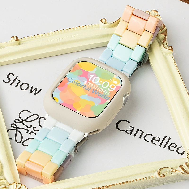 Совместимо с ремешком Apple Watch iwatchS9 смола конфета семицветная радуга Huawei Samsung applewatch