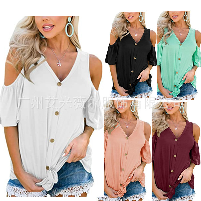 2022 Amazon European and American New Women's Solid Color Shirt Summer Cold Shoulder Top