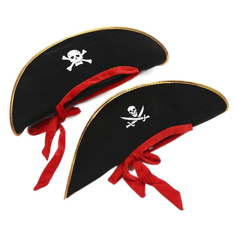 Suministros de Halloween Piratas del Caribe apoyos capitán sombrero plano pirata sombrero con banda roja cuerda roja cráneo sombrero