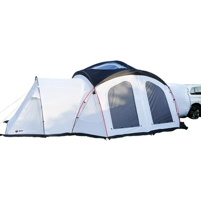 White gazebo-style extended rear tent with large space, breathable and mosquito-proof, for outdoor self-driving camping, in stock (Avtomobil dam çadırları) - black-and-white-color-scheme-multiple-people