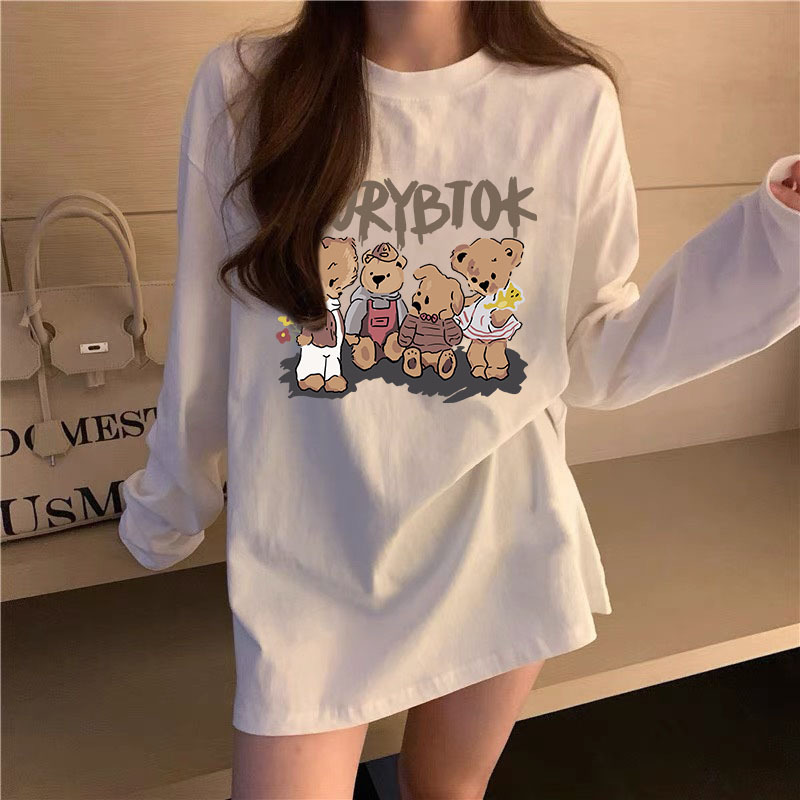 Japan and South Korea 230g White Long Sleeve T-Shirt Women's Autumn Wear Loose Stacked Inner Printed Base Shirt Winter Cotton Top