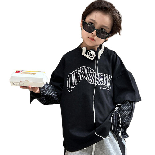 2024 Spring Kids' Clothing Top: European & American-style Children's Faux Two-Piece T-shirt with Striped Sleeves, Unisex Base Layer Shirt