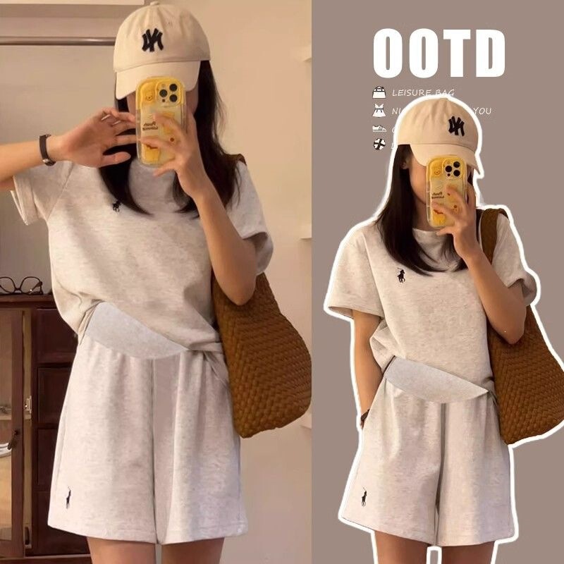 Maternity Casual Belly-Support Shorts Set 2026 Summer New Thin Round-Neck Short-Sleeve Loose Shirt Sports 2-Piece Set