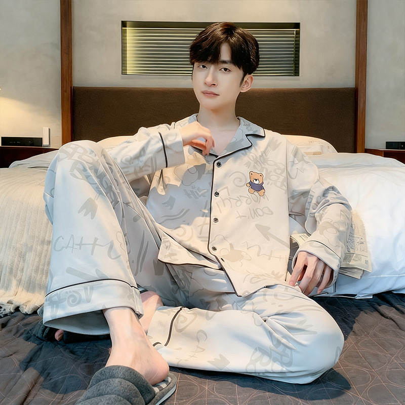 Korean Style Men's Pajamas, Men's Spring and Autumn Imitation Cotton Long-Sleeved 2026 New Autumn and Winter Wearable Large Size Home Wear Set