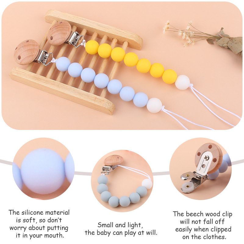 Nuevos suministros para bebés Cadena de chupete clip de haya cadena anti-caída de silicona pegamento de mordedura pezón molar cadena anti-caída