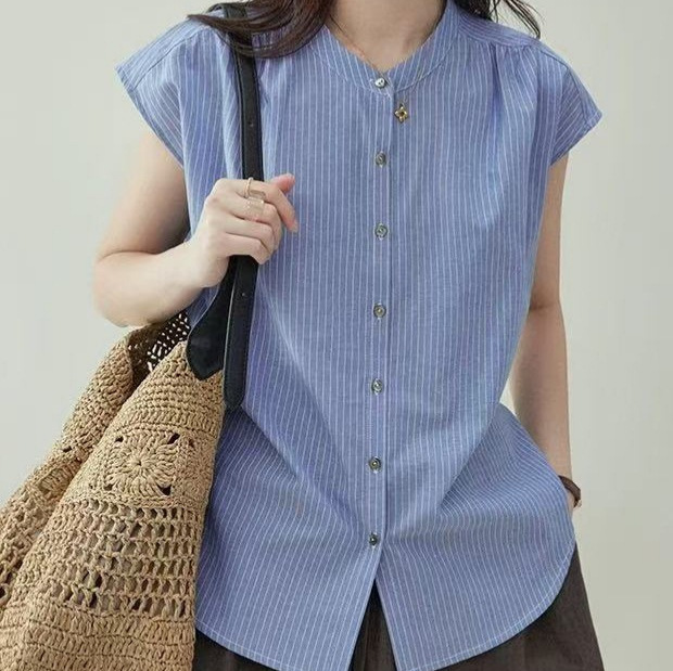 「Beidao」Blue Stripesd Back Lace-Up Flying Sleeves 2025 Summer New Loose Button Top Shirt for Women