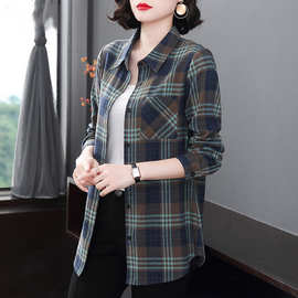 外贸法国单休闲棉格子上衣女长袖2024新款春秋大码宽松衬衫外套