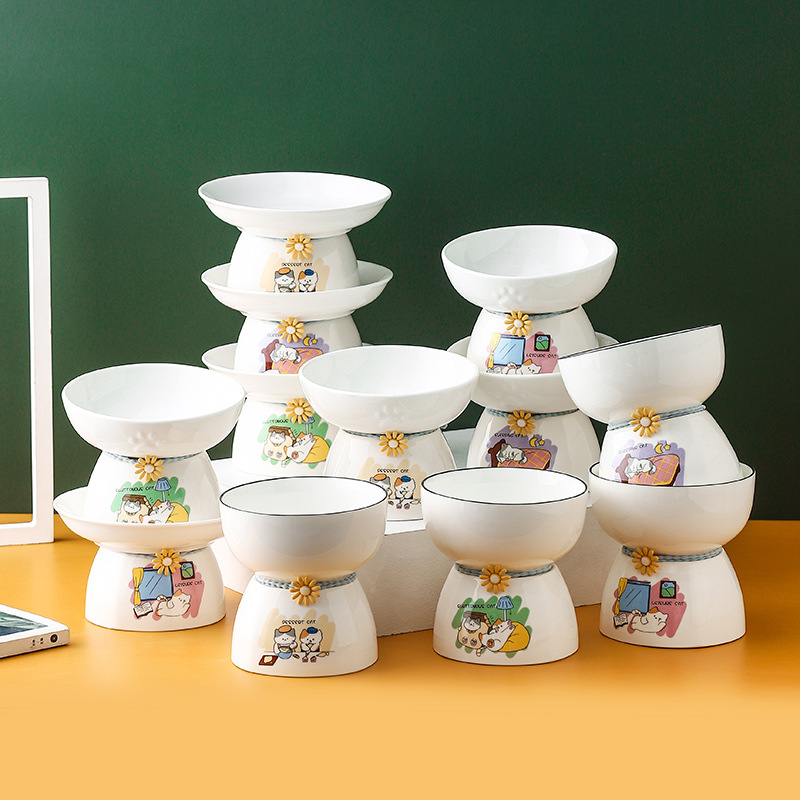 세라믹 그릇 고양이 그릇 밥그릇 높은 발 음식 그릇 식수 전복 방지 애완 동물 용품 개 음식 그릇 고양이 음식 그릇 세트 높은