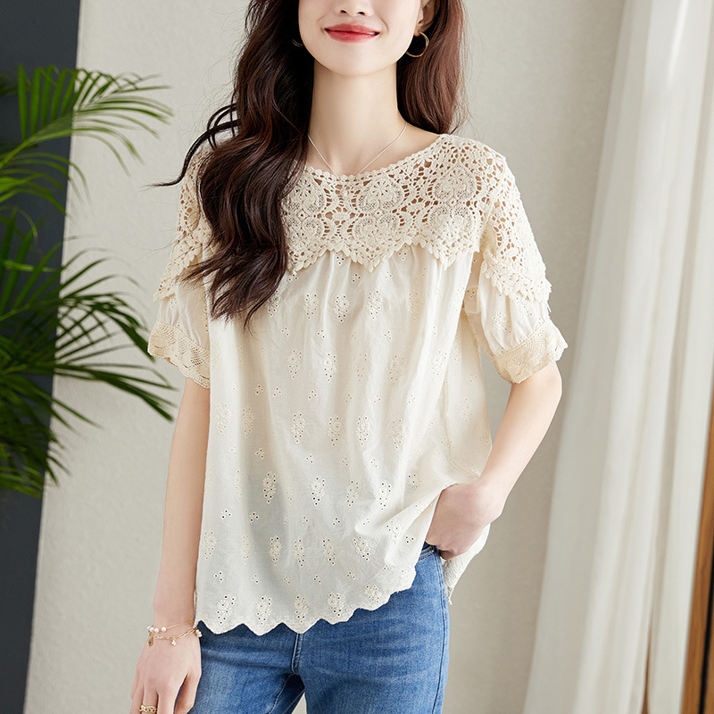 Blusa de encaje calado color albaricoque para mujer, verano 2026, cuello de hoja de loto, camisa bordada de algodón puro, diseño único, manga corta. image 5