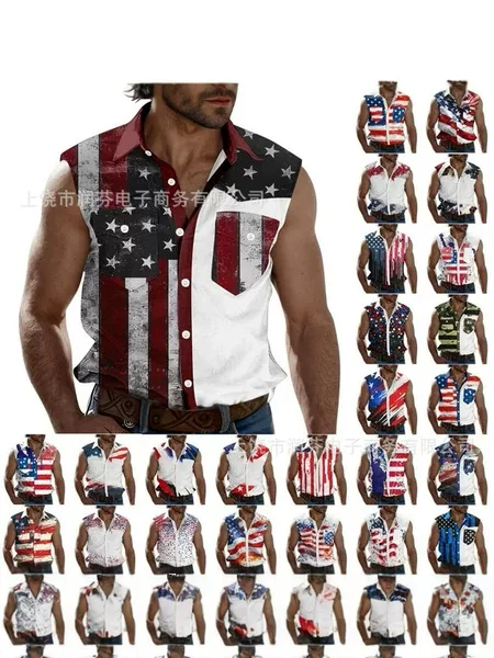 2026 Popular Foreign Trade Item: American Flag Sleeveless Shirt, Vintage Distressed Style, Summer Western Work Shirt