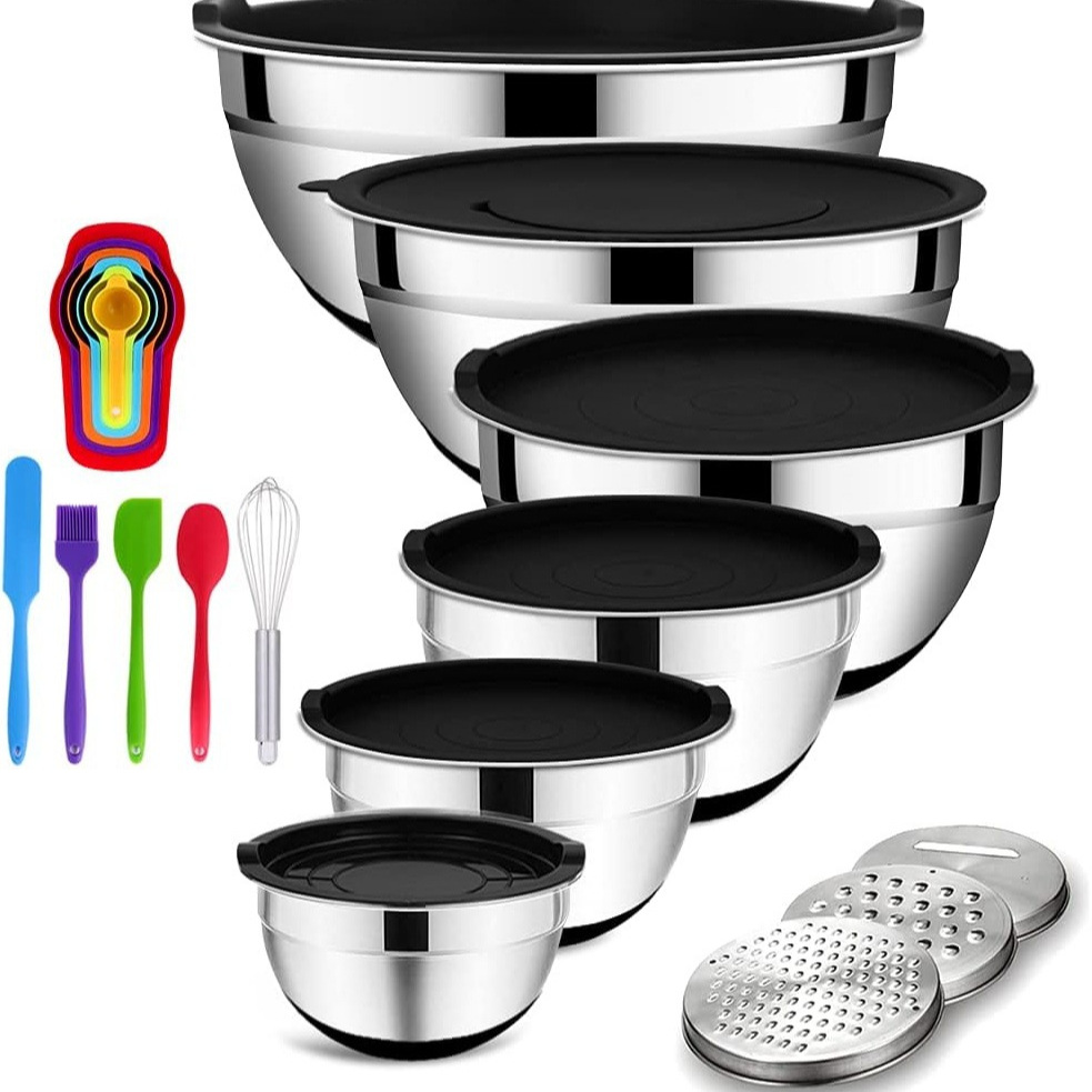 Transfronterizos al aire libre portátil batedor para hornear y cuenca de acero inoxidable silicona fondo ensalada tazón conjunto de cubierta negra