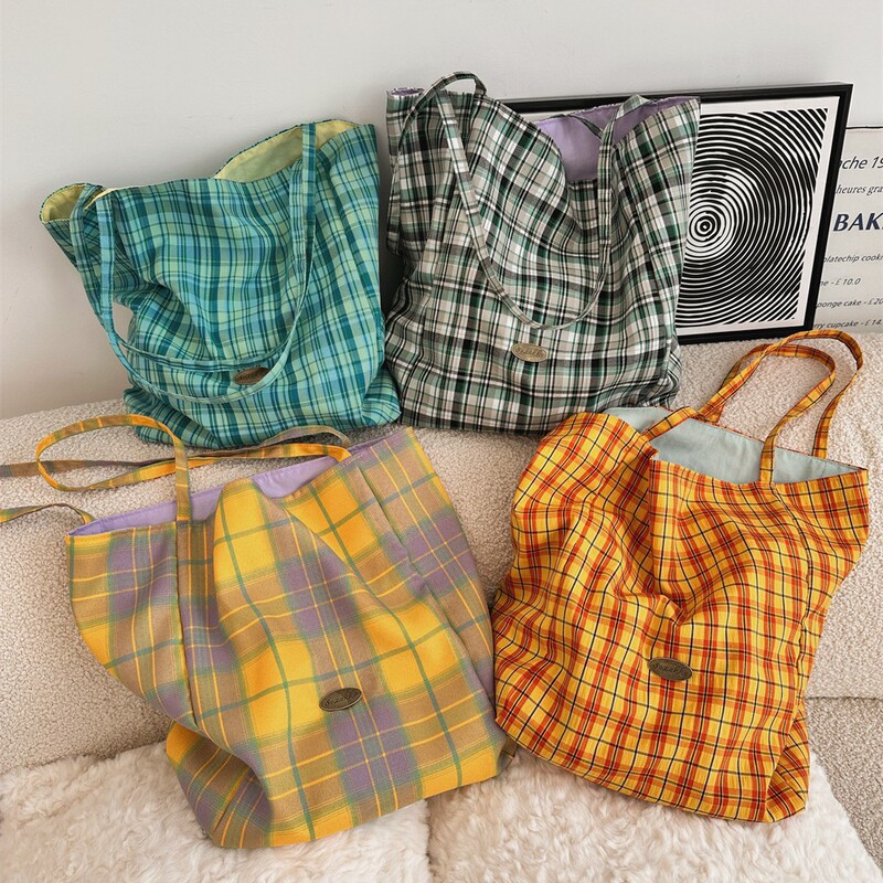 49281 New Large-Capacity Simple Shoulder Plaid Bag Lightweight Commuter Canvas Bag Double-Sided Tote Bag