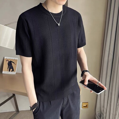 Summer new round collar and short-sleeved knitted shirt, men's ice silk, slim slim, business T-shirt, foreign trade, cross-border wholesale