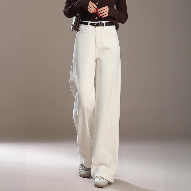 Off-White Loose Wide-Leg Jeans for Women, 2026 New Spring Style, High-Waisted, Drapey, Narrow Straight-Leg Floor-Length Pants