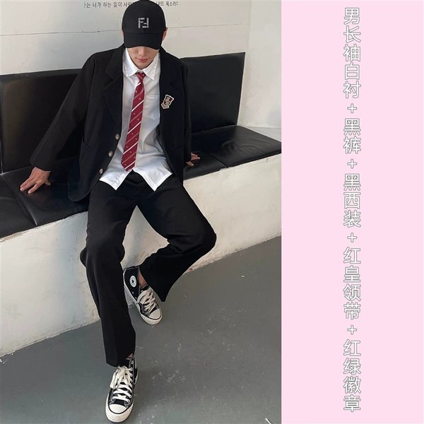 Long-sleeve, black trousers, suit, tie, badge