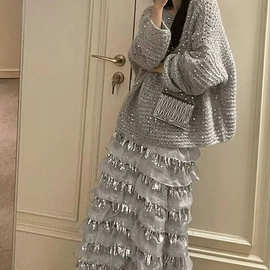 深冬装搭配一整套韩剧穿搭灰色亮片上衣超好看半身裙两件套装