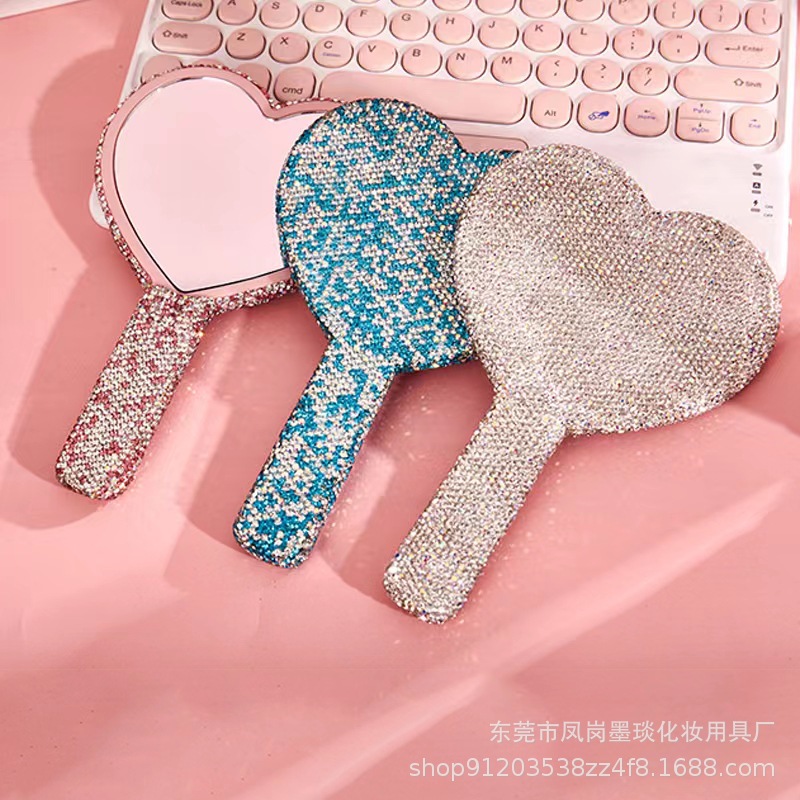 Los fabricantes suministran espejos de mano con diamantes Espejos de maquillaje de moda ABS Pegatinas de arcilla de belleza Espejo con mango de diamantes Suministro de Amazon