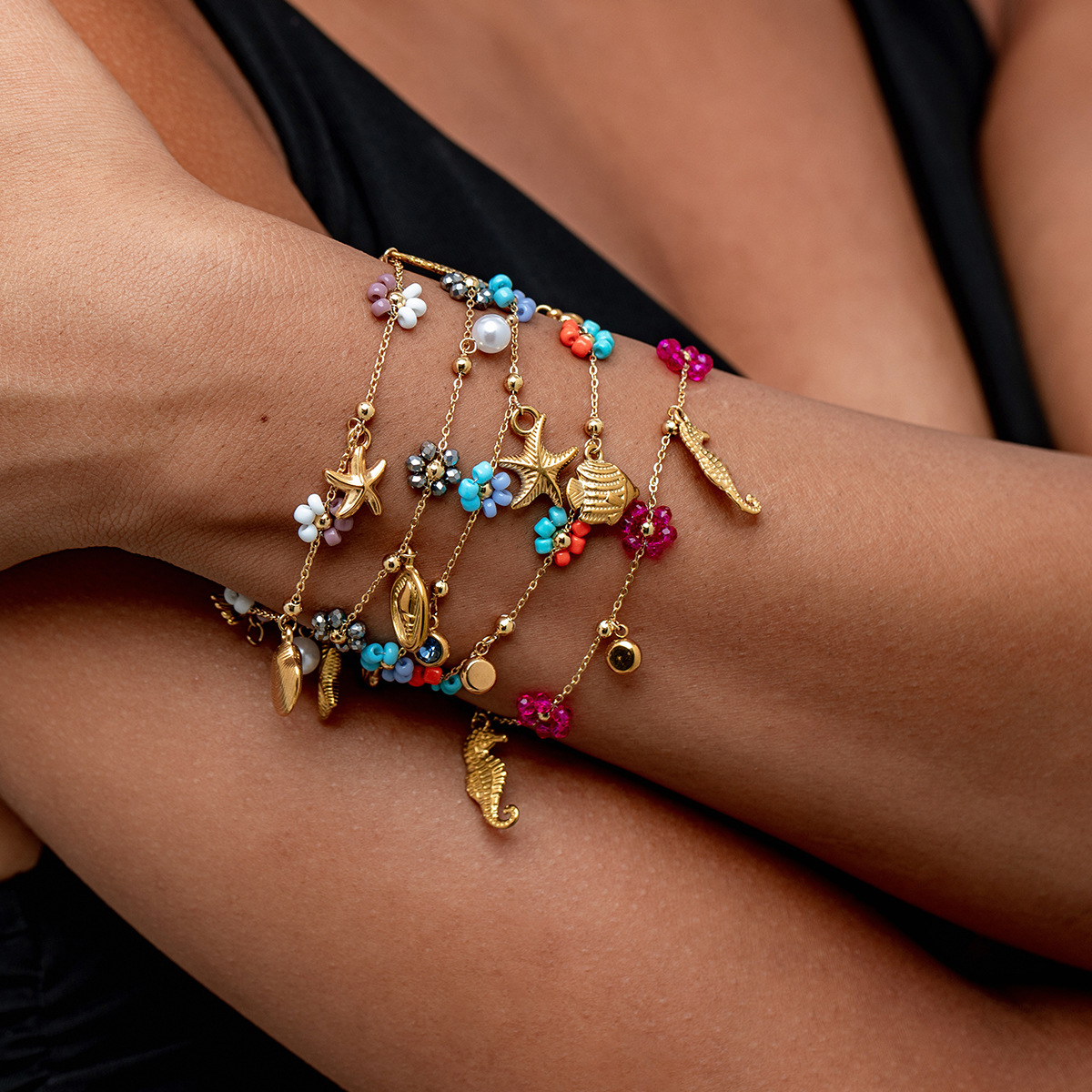 Multi Charms Bracelet Classification Beaded, Titanium Steel Chain Material Elegant Starfish Conch Hippocampus Beaded Titanium Steel Cable Chain Lobster Trigger Clasp Closure Chain & Link Bracelets Wholesale