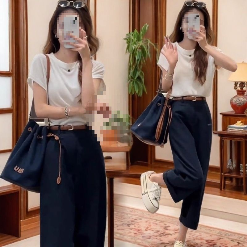 Bộ đồ thể thao nữ mùa hè áo thun phối quần jogger 2 món — Quần Xanh (Single Piece), Quần kaki (Single Piece), Áo Trắng (Single), Áo trắng+quần kaki chi tiết 6