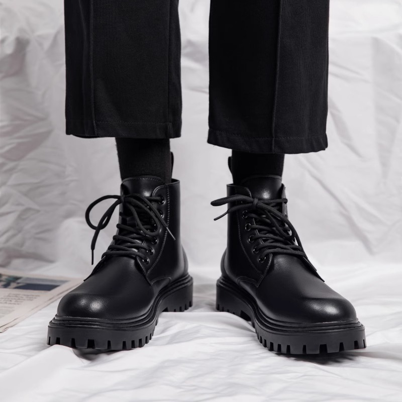 Men's Black Leather High Top Waterproof Boots For Autumn Style_voghion.com