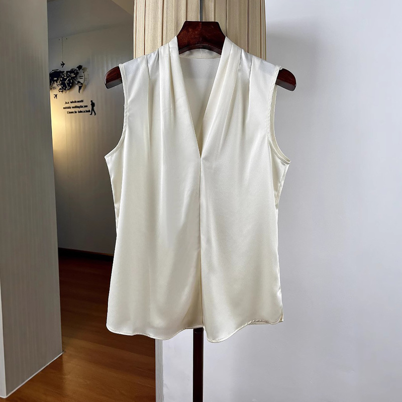 2025 New Commuter Elegant V Neck Straight Acetate Top Women's Summer Thin Fashion Pullover Sleeveless Shirt