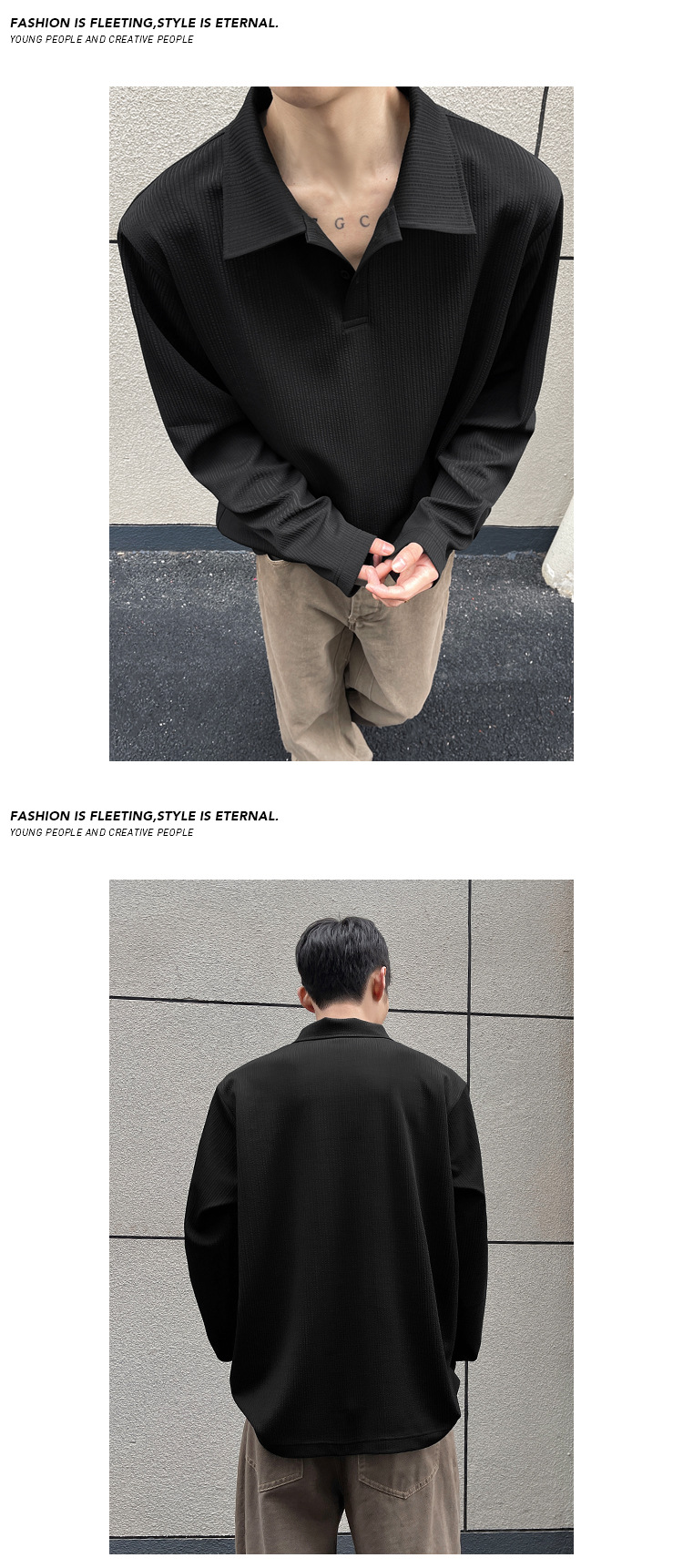 Men's Wrinkled Texture Long-sleeved Polo Shirt Solid Colour Base_voghion.com
