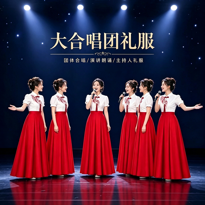 初高中学生成人红色国庆爱国合唱团诗歌朗诵比赛演出服演讲服装女