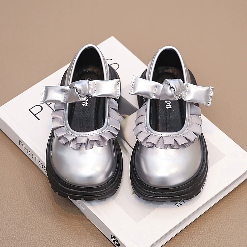 Children's small leather shoes, spring and autumn bow-tie girls' shoes, Lolita square mouth princess shoes, little girls' fashionable thick-soled shoes