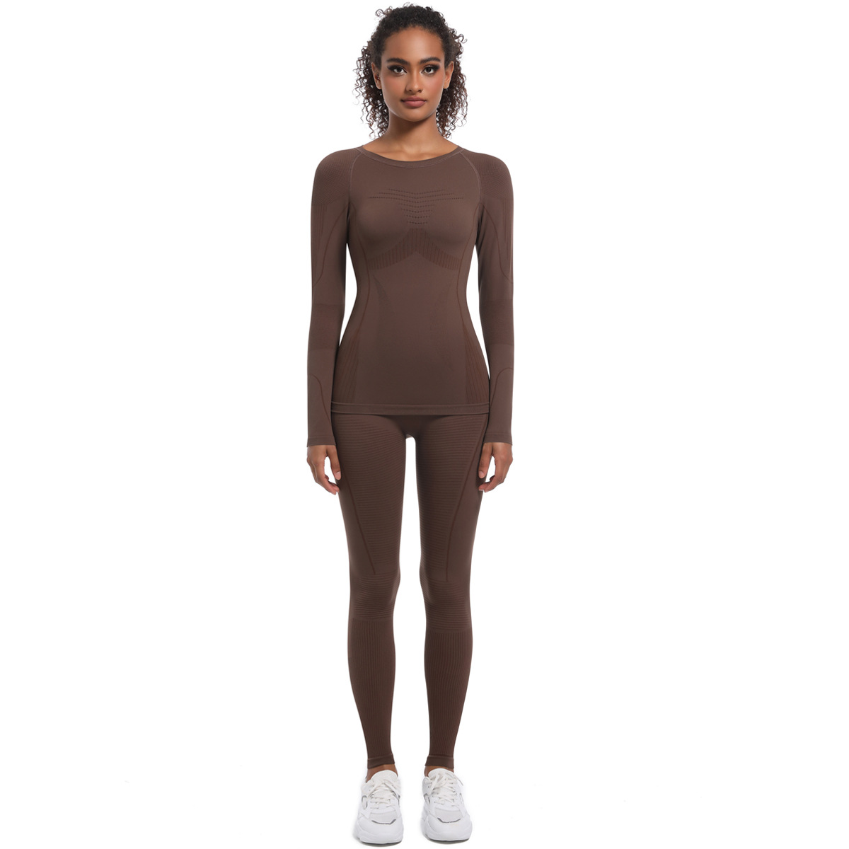 Nuevo cross-border sin costuras ajustado traje de esquí de cintura alta traje de plástico conjunto de deporte correr bicicleta manga larga ropa de yoga mujer