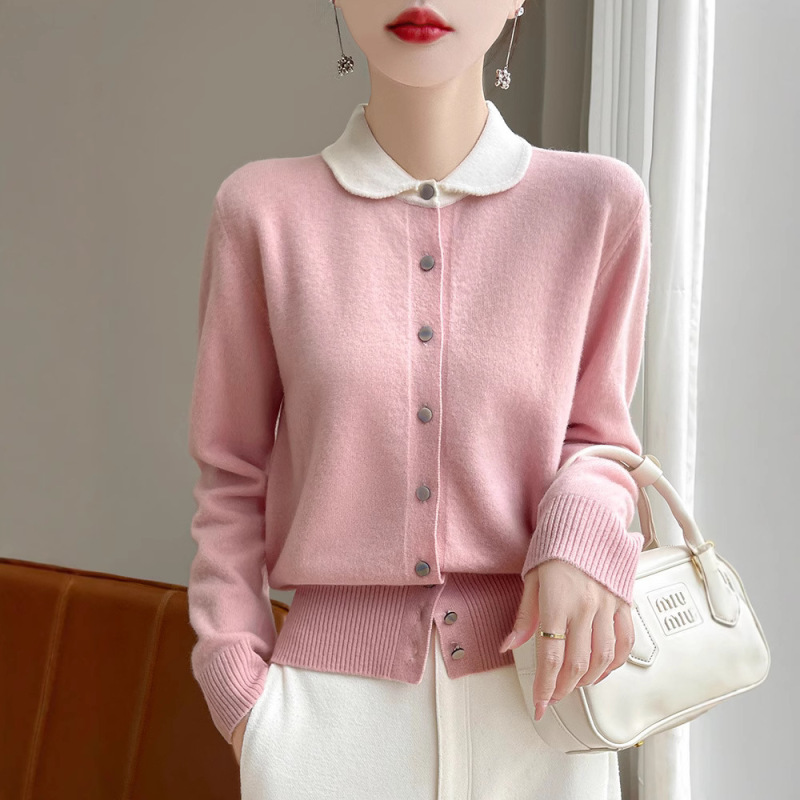Autumn and Winter 2024 New Pure Wool Apple Collar Knitted Cardigan Color-matching Thickened Comfortable Warm Jacket for Women Autumn and Winter 2024 New Pure Wool Apple Collar Knitted Cardigan Color-matching Thickened Comfortable Warm Jacket for Women