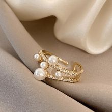 韩国东大门珍珠戒指女小众设计感简约轻奢开口戒网红食指指环批发