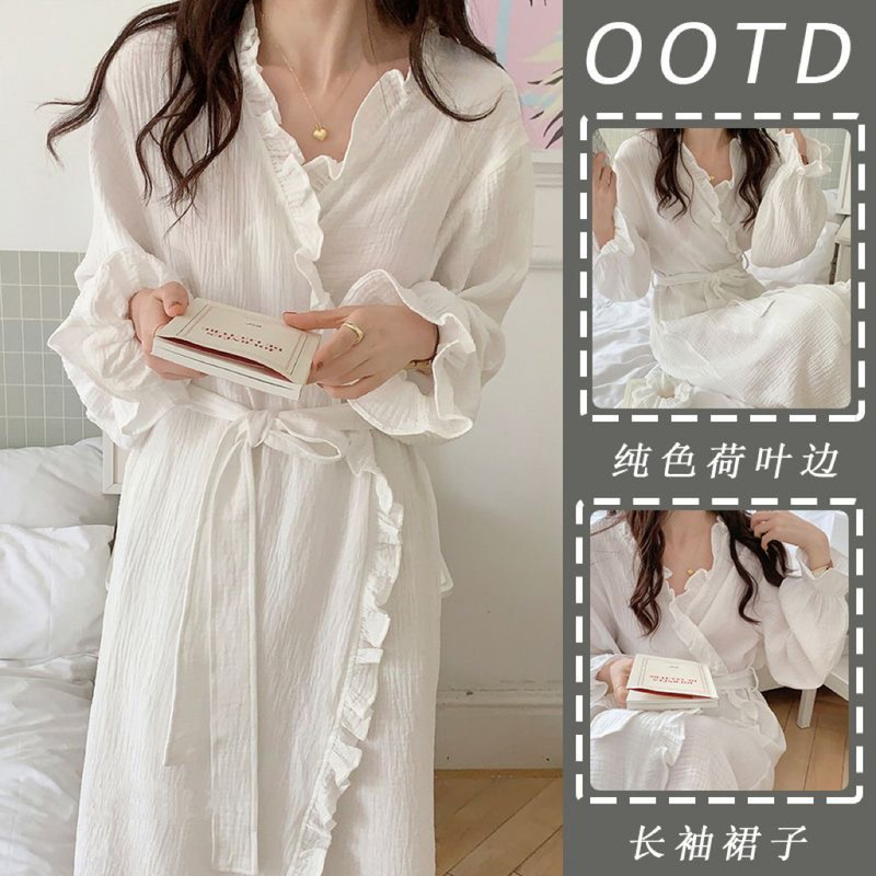 Simple long-sleeved nightgown for women Spring and Autumn New sweet ins style ruffled thin solid color pajamas home wear fashion Simple long-sleeved nightgown for women Spring and Autumn New sweet ins style ruffled thin solid color pajamas home wear fashion