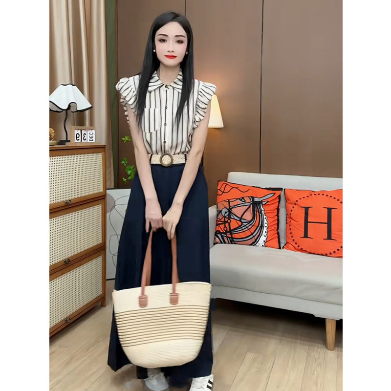 2025夏季新款洋气条纹显瘦翻领花苞袖衬衫+高腰阔腿长裤两件套女|undefined
