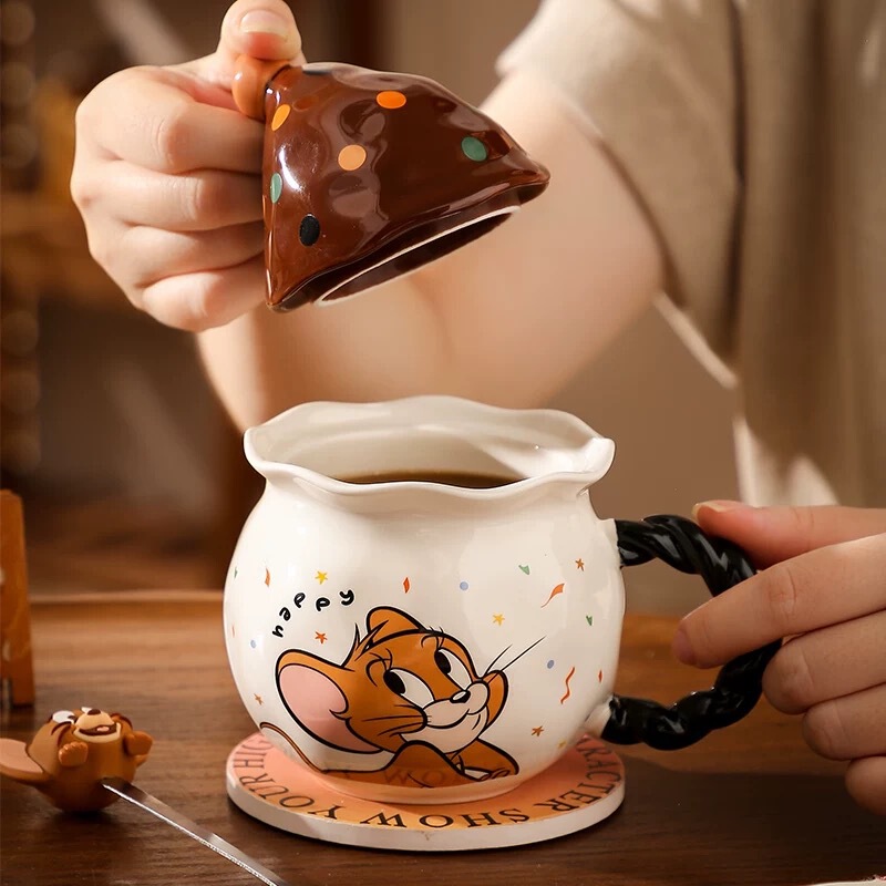 猫和老鼠新品魔法帽陶瓷杯可爱卡通儿童喝水马克杯带盖情侣咖啡杯|undefined